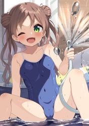 Rule 34 | 1girl, ;d, bare arms, bare shoulders, blue one-piece swimsuit, blush, breasts, brown hair, cameltoe, cleft of venus, commentary request, covered navel, double bun, fang, feet out of frame, green eyes, hair bun, highres, holding, hose, knee up, long hair, looking at viewer, muku (muku-coffee), one-piece swimsuit, one eye closed, open mouth, original, parted bangs, school swimsuit, shallow water, sitting, small breasts, smile, solo, spread legs, swimsuit, twintails, v-shaped eyebrows, very long hair, water