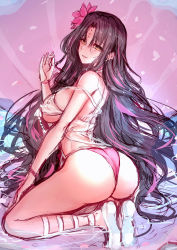 Rule 34 | 1girl, ass, back, bare shoulders, bikini, black hair, blush, breasts, facial mark, fate/grand order, fate (series), forehead mark, highres, jewelry, large breasts, long hair, looking at viewer, mafuyu (kanden shoujyo), multicolored hair, necklace, parted lips, pearl necklace, pink bikini, pink hair, sessyoin kiara, sessyoin kiara (swimsuit mooncancer), sessyoin kiara (swimsuit mooncancer) (first ascension), shell, shell necklace, smile, streaked hair, swimsuit, very long hair, wavy hair, white bikini, yellow eyes