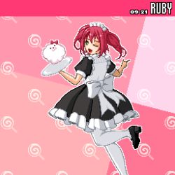 Rule 34 | 1girl, apron, aqua eyes, artist name, artist request, back bow, black dress, black footwear, black skirt, blush, bow, dress, female focus, from behind, green eyes, hair between eyes, high heels, holding, holding plate, kurosawa ruby, looking at viewer, looking back, love live!, love live! sunshine!!, maid, maid apron, maid cap, maid headdress, noeejang, one eye closed, plate, puffy short sleeves, puffy sleeves, red hair, shoes, short hair, short sleeves, skirt, smile, solo, standing, standing on one leg, twintails, white apron, white bow