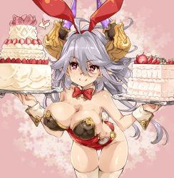 Rule 34 | 10s, 1girl, animal ears, blue hair, bow, bowtie, breasts, cake, cleavage, detached collar, draph, fake animal ears, fake tail, food, fruit, granblue fantasy, heart, heart-shaped pupils, horns, large breasts, leaning forward, long hair, plate, pointy ears, rabbit ears, rabbit tail, red eyes, smile, solo, spoken heart, strawberry, symbol-shaped pupils, tail, thighhighs, thomasz, threo (granblue fantasy), white thighhighs, wrist cuffs