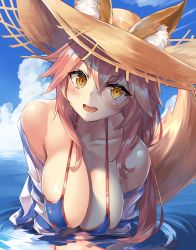 Rule 34 | absurdres, animal ear fluff, animal ears, basil (st 1), bikini, blouse, blue bikini, breasts, cleavage, clothes pull, day, ears through headwear, fate/extra, fate/grand order, fate (series), fox ears, fox girl, fox tail, hair between eyes, hat, highres, large breasts, ocean, outdoors, pink hair, shirt, solo, straw hat, swimsuit, tail, tamamo (fate), tamamo no mae (fate/extra), tamamo no mae (swimsuit lancer) (fate), tamamo no mae (swimsuit lancer) (second ascension) (fate), v-shaped eyebrows, wading, wet, wet clothes, wet shirt, white shirt, yellow eyes