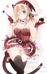 Rule 34 | 10s, 1girl, ;), animal ears, blonde hair, blue eyes, breasts, cat ears, cat tail, christmas, cleavage, dress, fake animal ears, fork, gloves, hair ornament, hair ribbon, hat, heart, kantai collection, large breasts, long hair, looking at viewer, merry christmas, moose, mousse (food), one eye closed, panties, pantyshot, prinz eugen (kancolle), red gloves, ribbon, santa costume, santa hat, shijima (sjmr02), smile, solo, tail, thighhighs, twintails, underwear, white panties