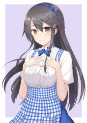Rule 34 | 1girl, akahi242, alternate costume, apron, black hair, blouse, blue bow, blue bowtie, blue hairband, bow, bowtie, breasts, brown eyes, collared shirt, gingham apron, grey background, hair ornament, hairband, hairclip, haruna (kancolle), highres, kantai collection, long hair, medium breasts, outside border, purple background, shirt, short sleeves, simple background, smile, solo, waist apron, waitress, white background, white shirt