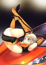 Rule 34 | 1girl, armpits, arms behind head, arms up, ass, back, bdsm, belt, blonde hair, blush, bondage, boots, bound, braid, breasts, car, cleavage, confused, crop top, elbow gloves, embarrassed, f-ism, female focus, food, fruit, full body, gloves, gradient background, green eyes, hair between eyes, high heel boots, high heels, highres, latex, latex gloves, latex legwear, legs, legs over head, legs up, long image, looking away, lying, midriff, motor vehicle, murakami suigun, on back, orange (fruit), orange gloves, orange thighhighs, panties, pantyshot, parted lips, race queen, shadow, shiny clothes, shiny skin, short hair, skirt, skirt flip, solo, sweat, tall image, thigh boots, thighhighs, thighs, underwear, upskirt, vehicle, white panties