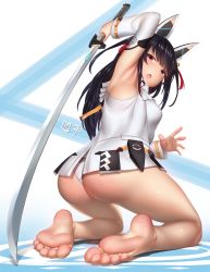 Rule 34 | 1girl, agatsuma kaede, alice gear aegis, armpits, ass, bare legs, barefoot, black hair, blunt bangs, breasts, commentary request, detached sleeves, feet, from behind, hair ornament, highres, holding, holding sword, holding weapon, kneeling, long hair, looking at viewer, looking back, mechanical ears, medium breasts, open mouth, panties, purple eyes, shiny skin, soles, solo, sword, thighs, toes, underwear, weapon, white panties, yui hiroshi