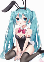 Rule 34 | 1girl, :o, absurdres, animal ears, aqua eyes, aqua hair, armlet, armpit crease, arms between legs, bare shoulders, black footwear, black leotard, black thighhighs, blue nails, blush, bow, bowtie, breasts, bunny day, cleavage, dated, detached collar, dot nose, fake animal ears, fake tail, full body, hair between eyes, hatsune miku, high heels, highleg, highleg leotard, highres, leotard, long hair, looking at viewer, medium breasts, nail polish, noneon319, number tattoo, open mouth, pink bow, pink bowtie, playboy bunny, rabbit ears, rabbit tail, raised eyebrows, sidelocks, signature, simple background, sitting, solo, strapless, strapless leotard, tail, tattoo, teeth, thighhighs, thighs, twintails, upper teeth only, vocaloid, wariza, white background