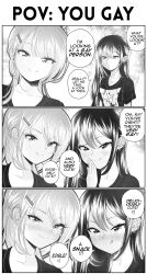 Rule 34 | 2girls, 3koma, absurdres, band shirt, blush, closed mouth, clothes writing, collarbone, comic, commentary, dot mouth, double-parted bangs, ear piercing, earrings, electric wizard (band), english commentary, english text, greyscale, grs-, hair ornament, hairclip, hand to own mouth, highres, jewelry, long hair, looking at viewer, meme, merchandise, monochrome, multiple earrings, multiple girls, multiple piercings, nose blush, original, piercing, raised eyebrow, right-to-left comic, shirt, short sleeves, sharon (grs-), sidelocks, smile, straight-on, swept bangs, t-shirt, talia (grs-), tongue, tongue out, tsurime, yuri