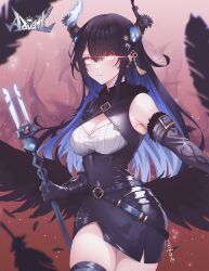 Rule 34 | 1girl, alternate costume, armpit peek, asymmetrical horns, bare shoulders, belt, black belt, black dress, black feathers, black gloves, black hair, black horns, black thighhighs, black wings, blue hair, breasts, cleavage cutout, closed mouth, clothing cutout, colored inner hair, commentary, covered navel, cowboy shot, detached sleeves, dress, elbow gloves, english commentary, expressionless, eye trail, falling feathers, feathered wings, feathers, gloves, glowing, glowing eyes, glowing horns, gradient background, hair ornament, highres, holding, holding staff, hololive, hololive english, horns, light trail, long hair, looking at viewer, low wings, medium breasts, mole, mole under eye, multicolored background, multicolored hair, nerissa ravencroft, nerissa ravencroft (1st costume), parted bangs, pink background, red background, red eyes, short dress, side slit, sk jynx, skin tight, sleeveless, sleeveless dress, solo, staff, thighhighs, thighs, two-tone hair, uneven horns, virtual youtuber, wings