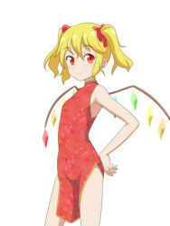 Rule 34 | 1girl, alternate costume, alternate hairstyle, bare arms, bare shoulders, blonde hair, blush, bow, breasts, cato (monocatienus), china dress, chinese clothes, commentary request, covered navel, cowboy shot, crystal, dress, flandre scarlet, floral print, hair between eyes, hair bow, hand on own hip, looking at viewer, no headwear, pelvic curtain, red bow, red dress, red eyes, short hair, side slit, simple background, sleeveless, sleeveless dress, small breasts, smile, solo, standing, thighs, touhou, twintails, white background, wings