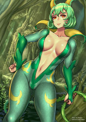 Rule 34 | 1girl, bodysuit, breasts, collarbone, creatures (company), forest, game freak, gen 5 pokemon, green hair, hand on own hip, high collar, impossible bodysuit, impossible clothes, nature, navel, nintendo, personification, pokemon, red eyes, redjet, serperior, short hair, skin tight, slit pupils, smile, solo, thorns, vine whip, whip