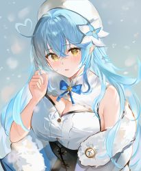 Rule 34 | 1girl, absurdres, adjusting hair, ahoge, bare shoulders, blue hair, blush, bow, breasts, cleavage, corset, flower, hair flower, hair ornament, hao (mwhy4538), hat, highres, hololive, large breasts, off shoulder, open mouth, pointy ears, ribbon, solo, virtual youtuber, yellow eyes, yukihana lamy