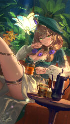 Rule 34 | 1girl, beret, braid, breasts, brown hair, can, cleavage, cup, dress, genshin impact, green dress, green eyes, green hat, hair between eyes, hat, hebbtia, highres, holding, holding cup, jewelry, knee up, large breasts, lisa (a sobriquet under shade) (genshin impact), lisa (genshin impact), long hair, long sleeves, looking at viewer, necklace, official alternate costume, puffy sleeves, smile, solo, thighlet, twin braids, two-tone dress, vision (genshin impact), white dress