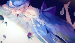 Rule 34 | 1girl, absurdres, bare shoulders, barefoot, blue dress, bug, butterfly, butterfly on hand, closed mouth, clothes down, dress, fingernails, ghost, hair between eyes, hat, highres, hitodama, insect, japanese clothes, kimono, long sleeves, looking at viewer, lying, lying on water, mob cap, nail polish, on stomach, ookamisama, pink eyes, pink hair, pink nails, saigyouji yuyuko, sash, short hair, shoulder blades, smile, solo, touhou, triangular headpiece, water, wide sleeves