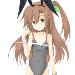 Rule 34 | animal ears, bare shoulders, bodysuit, breasts, brown hair, choker, coconut milk (artist), cuffs, frown, green eyes, highres, if (neptunia), leotard, long hair, neptune (series), nervous, playboy bunny, ponytail, rabbit ears, ribbon, sidetail, small breasts, swimsuit, thighs, unsure, very long hair