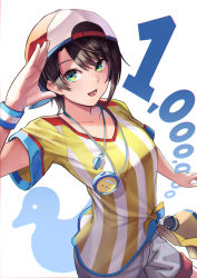 Rule 34 | 1girl, baseball cap, bird, black hair, collarbone, duck, from above, green eyes, hand up, hat, highres, hololive, looking up, loose clothes, loose shirt, multicolored clothes, oozora subaru, oozora subaru (1st costume), open mouth, red hat, salute, shirt, short hair, shorts, simple background, smile, solo, stopwatch, stopwatch around neck, striped clothes, striped shirt, sweatband, tomboy, two-tone headwear, vertical-striped clothes, vertical-striped shirt, virtual youtuber, watch, whistle, whistle around neck, white background, white hat, white shorts, wristband, wszkii