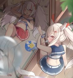 Rule 34 | 2girls, absurdres, architecture, arm support, ayanami (azur lane), azur lane, bare legs, barefoot, blonde hair, blue sailor collar, blue skirt, blush, commentary request, day, dutch angle, east asian architecture, feet, flat chest, from above, hair between eyes, hand fan, highres, innofance, laffey (azur lane), light purple hair, long hair, looking at viewer, looking back, lying, midriff, multiple girls, navel, one eye closed, open mouth, panties, paper fan, pleated skirt, ponytail, porch, red skirt, sailor collar, shouji, sidelocks, sitting, skirt, sliding doors, stomach, strap slip, striped clothes, striped panties, summer, sunlight, tank top, tatami, toes, twintails, underwear, unworn legwear, very long hair, yawning