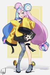 Rule 34 | 1girl, absurdres, bare shoulders, big hair, blue hair, blunt ends, bow-shaped hair, character hair ornament, creatures (company), eyelashes, full body, game freak, gen 1 pokemon, grey background, grey footwear, grey thighhighs, hair ornament, hand up, hexagon print, highres, iono (pokemon), jacket, knees together feet apart, l4wless, legs, long hair, low-tied long hair, magnemite, multicolored hair, nintendo, off shoulder, oversized clothes, parted bangs, pink hair, pokemon, pokemon sv, shadow, signature, single thighhigh, sleeves past fingers, sleeves past wrists, smile, solo, standing, streaked hair, thigh strap, thighhighs, twintails, two-tone hair, wide sleeves, yellow background, yellow jacket