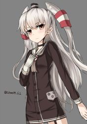 Rule 34 | 10s, 1girl, amatsukaze (kancolle), blush, brown dress, brown eyes, cowboy shot, dress, gloves, grey background, grey neckerchief, hair tubes, hand on own chest, headgear, kantai collection, long hair, looking at viewer, neckerchief, sailor collar, sailor dress, silver hair, simple background, single glove, solo, twitter username, two side up, white gloves, yakob labo