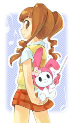 Rule 34 | 00s, 1girl, arms behind back, back-to-back, brown eyes, brown hair, drill hair, flower, from behind, long hair, looking at viewer, looking back, minawa, my melody, onegai my melody, outline, own hands clasped, own hands together, plaid, plaid shirt, plaid skirt, profile, rabbit, sanrio, school uniform, shirt, skirt, smile, solo, vest, yumeno uta