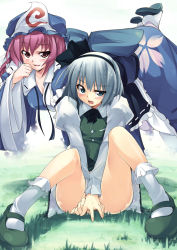 Rule 34 | 2girls, aqua eyes, black hairband, blue headwear, blue kimono, blush, breasts, cover image, covering crotch, covering privates, dress, female focus, gradient background, grass, green footwear, grey hair, hairband, hat, japanese clothes, juliet sleeves, kimono, knees up, konpaku youmu, legs, legs up, long sleeves, looking at viewer, m legs, mary janes, mob cap, multiple girls, nature, no panties, on grass, open mouth, plant, puffy sleeves, purple hair, pussy juice, red eyes, saigyouji yuyuko, shoes, short hair, silver hair, sitting, socks, soine, spread legs, sweat, touhou, triangular headpiece, upskirt, white background, white socks