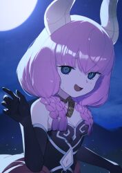 Rule 34 | 1girl, @ @, aura (sousou no frieren), bare shoulders, black dress, black gloves, blue eyes, braid, breasts, cleavage, clothing cutout, dress, elbow gloves, full moon, gloves, highres, horns, jewelry, looking at viewer, moon, mosou keito, navel, navel cutout, neck ring, night, night sky, open mouth, outdoors, pink hair, sky, sleeveless, small breasts, smile, solo, sousou no frieren, star (sky), strapless, strapless dress, sweat, sweatdrop, twin braids
