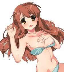 Rule 34 | 1girl, asahina mikuru, bikini, blush, breasts, brown eyes, brown hair, collarbone, commentary request, covering privates, covering breasts, green bikini, hand on own chest, hands up, highres, hotaru iori, ichimi renge, large breasts, linea alba, long hair, looking at viewer, navel, open mouth, second-party source, simple background, solo, suzumiya haruhi no yuuutsu, swimsuit, wardrobe malfunction, wavy mouth, white background