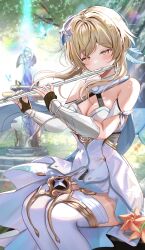 Rule 34 | 1girl, absurdres, blonde hair, blush, breasts, dress, feather hair ornament, feathers, flower, genshin impact, hair between eyes, hair flower, hair ornament, highres, kabu usagi, lumine (genshin impact), medium breasts, medium hair, playing flute, solo, statue, thighs, white dress, yellow eyes