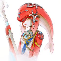 Rule 34 | 1girl, breasts, brown eyes, closed mouth, colored skin, cropped torso, fins, fish girl, grey background, highres, holding, holding weapon, jewelry, long hair, looking at viewer, mipha, monster girl, multicolored skin, nintendo, red skin, shito neko (zitonger), simple background, small breasts, the legend of zelda, the legend of zelda: breath of the wild, weapon, zora