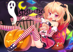 Rule 34 | 1girl, absurdres, apron, ass, bare shoulders, basket, bat (animal), black dress, blonde hair, blush, braid, candy, character doll, cross, dress, eating, female focus, fence, flandre scarlet, food, ghost, hair ornament, hair ribbon, hairpin, halloween, hat, highres, hugging doll, hugging object, jack-o&#039;-lantern, kirisame marisa, laevatein, lollipop, moon, night, open mouth, panties, pantyshot, pumpkin, red dress, red eyes, red skirt, ribbon, side ponytail, sitting, skirt, smile, solo, star (sky), striped clothes, striped thighhighs, thighhighs, touhou, underwear, upskirt, white panties, wings, witch, witch hat, wolflong, zettai ryouiki, | |
