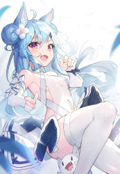 Rule 34 | 1girl, :d, ahoge, animal ears, armpits, bare shoulders, blue hair, breasts, cat ears, choker, clothing cutout, criss-cross halter, double bun, dress, elbow gloves, fang, gloves, hair bun, hair ornament, hairclip, halter dress, halterneck, highres, long hair, looking at viewer, mishuo (misuo69421), navel, navel cutout, open mouth, original, partially fingerless gloves, purple eyes, sideless outfit, small breasts, smile, solo, thighhighs, thighs, very long hair, white choker, white dress, white gloves, white thighhighs