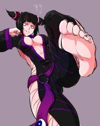 Rule 34 | 1girl, abs, alternate costume, barefoot, breasts, breasts apart, cleavage, drill hair, covered erect nipples, evil grin, evil smile, feet, grin, han juri, large breasts, looking at viewer, marimo (yousei ranbu), sideboob, smile, soles, solo, standing, standing on one leg, street fighter, street fighter iv (series), toes, toned, twin drills, underboob