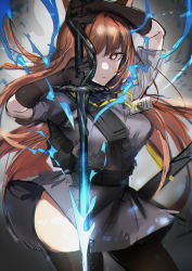Rule 34 | 1girl, animal ears, arknights, black dress, black gloves, black thighhighs, breasts, brown eyes, brown hair, chuhaibane, cow, dress, electricity, fox ears, fox girl, franka (arknights), gloves, grey background, highres, holding, holding sword, holding weapon, id card, looking at viewer, medium breasts, one eye covered, simple background, solo, sword, thighhighs, weapon
