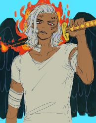 Rule 34 | 1boy, aged down, artist request, bandaged arm, bandages, blue background, dark skin, expressionless, facial tattoo, fire, highres, holding, holding sword, holding weapon, katana, king (one piece), long hair, looking at viewer, one piece, red eyes, shirt, simple background, sword, tattoo, weapon, white hair, white shirt, wings
