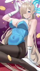 Rule 34 | 1girl, absurdres, animal ears, asuna (blue archive), asuna (bunny) (blue archive), bare arms, bare shoulders, black thighhighs, blue archive, blue eyes, blue leotard, breasts, cleavage, coin, commentary request, covered navel, fake animal ears, gloves, grin, haerge, high heels, highres, large breasts, leotard, light brown hair, long hair, looking at viewer, official alternate costume, playboy bunny, rabbit ears, sitting, smile, solo, strapless, strapless leotard, thighhighs, thighs, very long hair, wariza, white footwear, white gloves