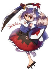 Rule 34 | 1girl, absurdres, animal ears, frilled skirt, frills, full body, geta, highres, holding, holding weapon, inubashiri momiji, long skirt, looking at viewer, one-hour drawing challenge, red eyes, renshirenji, simple background, skirt, solo, tail, touhou, weapon, white background, white hair, wolf ears, wolf girl, wolf tail