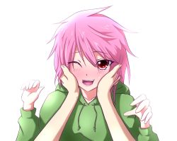 Rule 34 | 1girl, bad id, bad pixiv id, blush, d-frag!, green (midoriryuu), hands on another&#039;s cheeks, hands on another&#039;s face, highres, hood, hoodie, lipstick, looking at viewer, makeup, mizukami sakura, one eye closed, open mouth, pink eyes, pink hair, pov, pov hands, red eyes, short hair, simple background, smile, white background