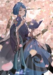 Rule 34 | 1boy, absurdres, androgynous, blue hair, book, brown eyes, cherry blossoms, chinese clothes, closed mouth, expressionless, genshin impact, highres, holding, holding book, in tree, long sleeves, male focus, monocle, open book, solo, tree, xingqiu (aoi no okina) (genshin impact), xingqiu (genshin impact), yui 4293