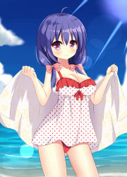 Rule 34 | 1girl, ahoge, bare arms, bare shoulders, blue sky, blush, bow, breasts, casual one-piece swimsuit, cleavage, closed mouth, cloud, collarbone, commentary request, cowboy shot, day, dress swimsuit, fingernails, floral print, frilled swimsuit, frills, hair between eyes, hair bow, hair over shoulder, head tilt, highres, holding, holding towel, large breasts, lens flare, looking at viewer, low twintails, mole, mole on breast, ocean, one-piece swimsuit, original, outdoors, pink bow, polka dot, polka dot swimsuit, print towel, purple eyes, purple hair, red ribbon, ribbon, shiny skin, sky, smile, solo, standing, swimsuit, towel, twintails, unmoving pattern, white one-piece swimsuit, white towel, xiaosamiao