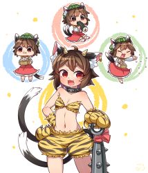 Rule 34 | 1girl, :3, ahoge, alternate costume, animal ear fluff, animal ears, animal hands, animal print, beans, bikini, bikini top only, brown hair, cat ears, cat tail, chen, club, club (weapon), collar, commentary request, cowboy shot, earrings, eating, ehoumaki, fang, food, gloves, highres, horns, ibaraki natou, jewelry, kanabou, long sleeves, looking at viewer, makizushi, mamemaki, masu, multiple tails, multiple views, navel, oni costume, oni horns, open mouth, paw gloves, red eyes, red skirt, red vest, setsubun, shirt, short hair, shorts, simple background, single earring, skirt, spiked club, spiked collar, spikes, standing, sushi, swimsuit, tail, thick eyebrows, tiger print, tiger stripes, touhou, vest, weapon, white background, white shirt, yellow shorts