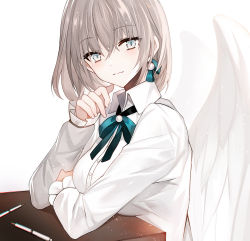 Rule 34 | 1girl, blue bow, blue eyes, bow, closed mouth, collared shirt, commentary request, desk, dress shirt, feathered wings, grey hair, hair between eyes, hand up, highres, juexing (moemoe3345), long sleeves, looking at viewer, original, pencil, school desk, school uniform, shirt, simple background, sleeves past wrists, smile, solo, white background, white shirt, white wings, wings