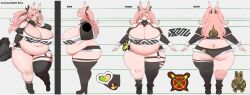 1girl absurdres ass blush boots breasts briefcase butt_crack character_sheet cleavage fat female_focus full_body furry furry_female green_eyes heart highres huge_ass huge_breasts kyuuri long_hair looking_at_viewer mole mole_on_breast mole_on_thigh mole_under_eye navel nicole_demara pink_hair rabbit_ears single_thighhigh skindentation solo thick_thighs thighhighs thighs v wide_hips zenless_zone_zero