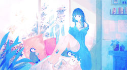 Rule 34 | 1girl, animal, bad id, bad pixiv id, barefoot, bird, blue eyes, blue hair, blue nails, book, cup, envelope, holding, holding cup, indoors, long hair, loungewear, nail polish, original, penguin, pillow, plant, scenery, shelf, sitting, tabisumika, window