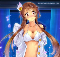 Rule 34 | 1girl, bare shoulders, blush, bra, breasts, brown hair, buttons, closed mouth, collarbone, curtains, flower, gradient eyes, gradient hair, hair flower, hair ornament, hitokiri battousai, indoors, large breasts, long sleeves, looking at viewer, multicolored eyes, multicolored hair, navel, night, night sky, nisekoi, nose blush, open clothes, open shirt, orange eyes, orange hair, petals, red eyes, shirt, short hair with long locks, sky, sleeves past wrists, star (sky), starry sky, tachibana marika, underwear, watermark, web address, white bra, white shirt, wind, window