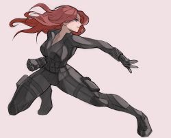 Rule 34 | 1girl, animification, black widow, bodysuit, breasts, closed mouth, commentary request, full body, highres, long hair, looking to the side, marvel, marvel cinematic universe, medium breasts, natasha romanoff, red hair, simple background, smile, solo, sushi pizza rrr