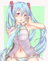Rule 34 | 1girl, :o, arm at side, bare shoulders, blue eyes, blue hair, bow, bow panties, breasts, collared shirt, detached sleeves, green necktie, grey shirt, groin, hair between eyes, hair ornament, hand on own cheek, hand on own face, hand up, hatsune miku, headphones, highres, kusoyuridanchi, large breasts, long hair, looking at viewer, medium breasts, navel, necktie, no pants, open mouth, panties, pink bow, pink lips, shirt, sleeveless, sleeveless shirt, solo, striped clothes, striped panties, twintails, underwear, very long hair, vocaloid, wing collar