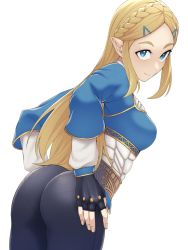 Rule 34 | 1girl, artist request, ass, blonde hair, blue eyes, breasts, fingerless gloves, gloves, hands on ass, hands on own ass, higher resolution available, leaning forward, long hair, looking at viewer, medium breasts, nintendo, pants, pantylines, pointy ears, princess, princess zelda, sideboob, smile, solo, the legend of zelda, the legend of zelda: breath of the wild