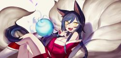 Rule 34 | 1girl, ahri (league of legends), animal ears, bare shoulders, black hair, blush, breasts, cleavage, detached sleeves, facial mark, fang, finger to mouth, fox ears, fox tail, gwayo, korean clothes, large breasts, league of legends, crossed legs, long hair, looking at viewer, multiple tails, open mouth, orb, solo, tail, whisker markings, yellow eyes