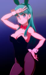 Rule 34 | 1girl, animal ears, black background, black leotard, black pantyhose, blue background, blue eyes, blue hair, bow, bowtie, breasts, bulma, cleavage, contrapposto, detached collar, double v, dragon ball, dragon ball (classic), fake animal ears, gradient background, inu no koujouchou, leotard, long hair, medium breasts, pantyhose, playboy bunny, rabbit ears, rabbit tail, red bow, red bowtie, solo, standing, strapless, strapless leotard, tail, v, wrist cuffs