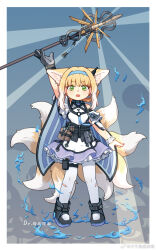 Rule 34 | 1girl, animal ear fluff, animal ears, arknights, arm up, bare shoulders, black collar, black footwear, black gloves, blonde hair, blue hairband, chinese commentary, clothing cutout, collar, colored tips, commentary request, dress, earpiece, fox ears, fox girl, fox tail, frilled dress, frilled sleeves, frills, full body, gloves, green eyes, hairband, highres, holding, holding staff, infection monitor (arknights), kitsune, kyuubi, luchiluchi, material growth, multicolored hair, multiple tails, open mouth, oripathy lesion (arknights), pantyhose, purple dress, short dress, shoulder cutout, single glove, single wrist cuff, solo, staff, standing, suzuran (arknights), tail, torn clothes, torn pantyhose, two-tone hair, white hair, white pantyhose, wrist cuffs