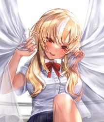 Rule 34 | 1girl, blonde hair, curtains, dark-skinned female, dark skin, elf, highres, hololive, long hair, low twintails, maison de cante, multicolored hair, open mouth, pointy ears, red eyes, ribbon, school uniform, shiranui flare, smile, streaked hair, twintails, upper body, virtual youtuber, white hair